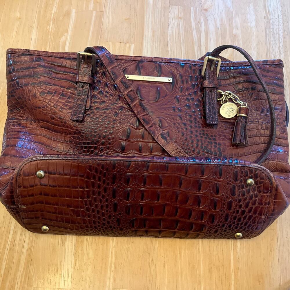 Brahmin Mini Asher Satchel Pecan Melbourne Leather Croc Embossed Shoulder Bag